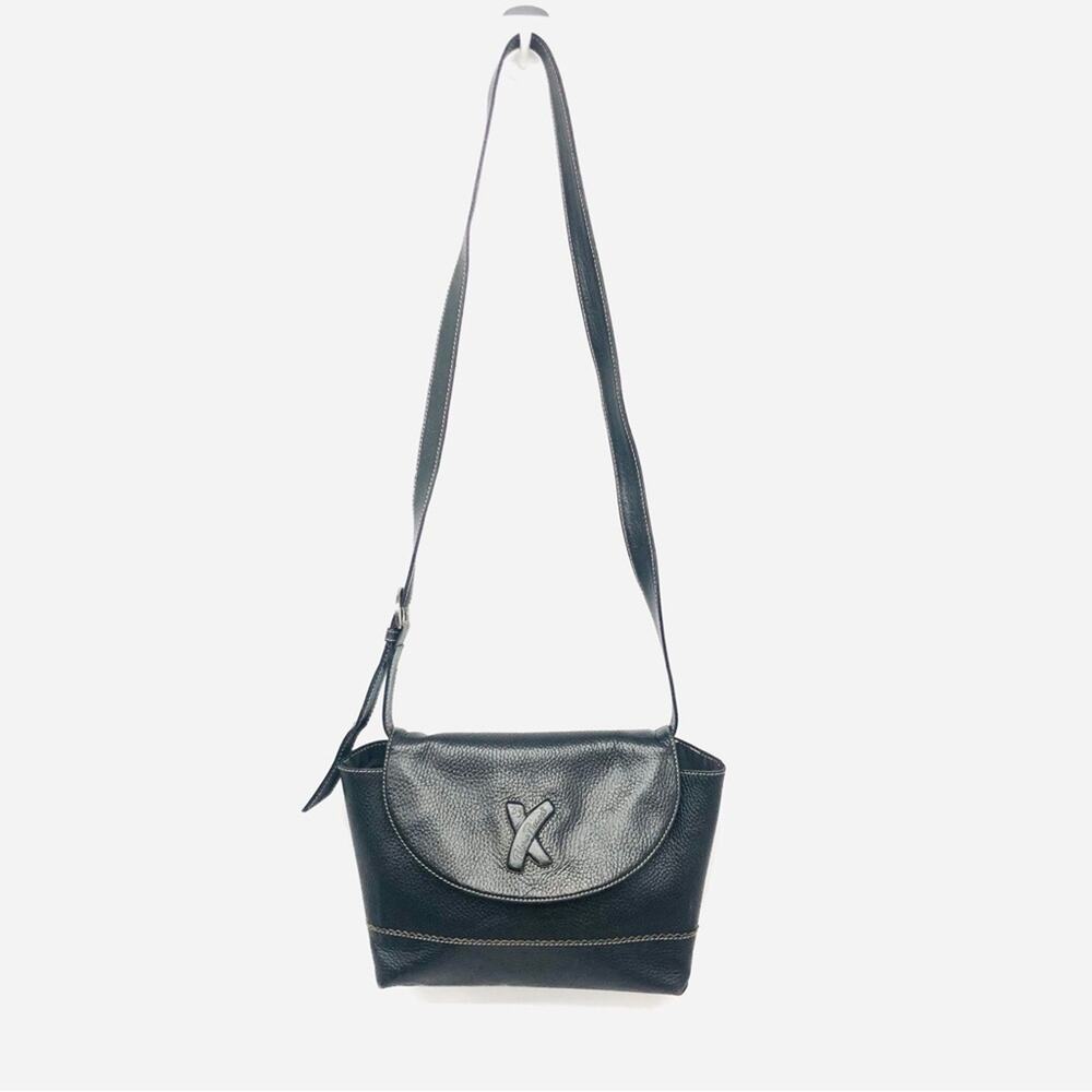 Vintage Black Shoulder Bag Embossed Logo Adjustable Strap with silvertone buckle - Picture 2 of 16